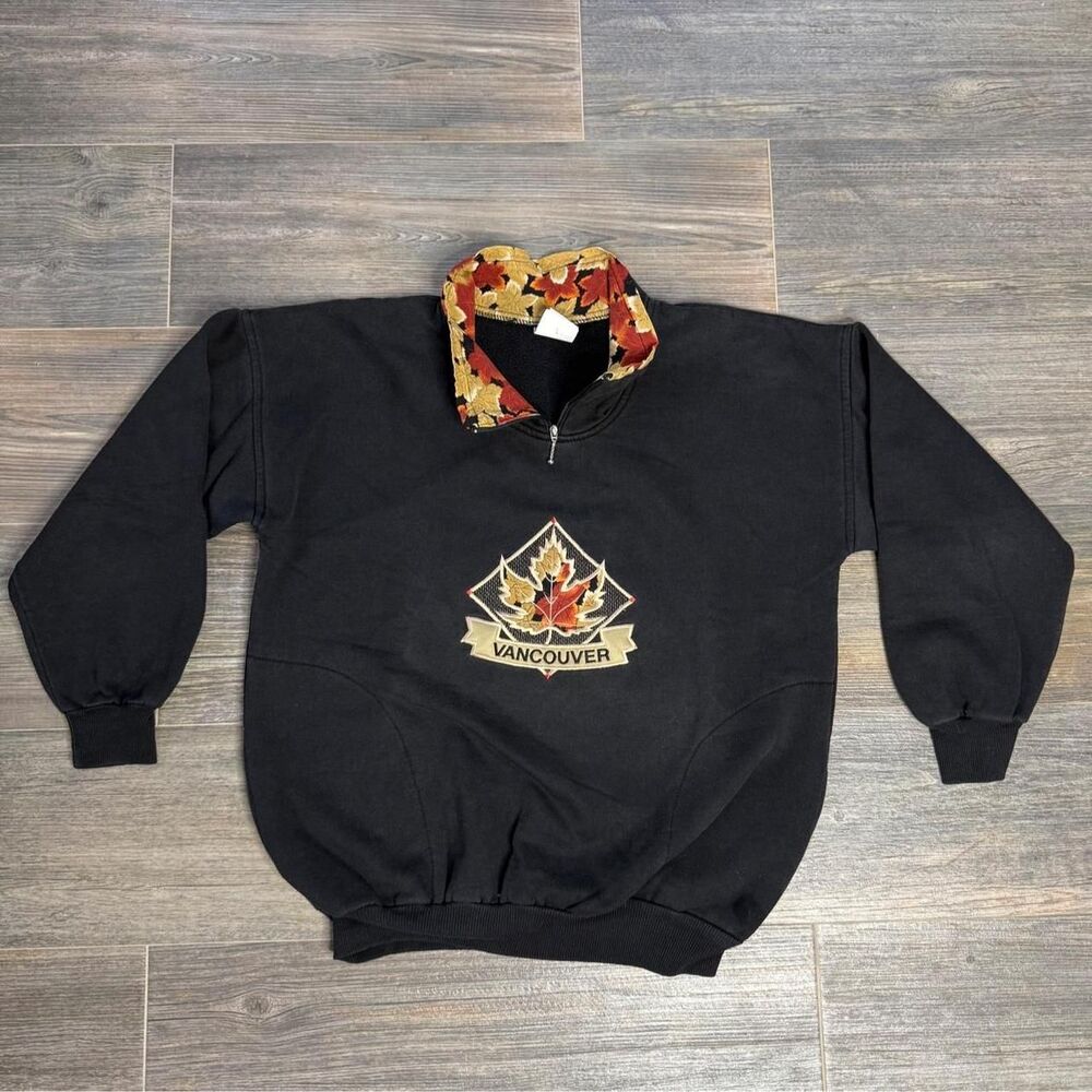 Vintage 90s grandpacore Vancouver Canada fall cozy leaves quarter zip sweatshirt
